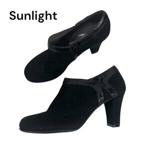 AEROSOLES Heelrest Women Black Suede &Faux Croc Trim Heeled Ankle Booties SZ 6.5